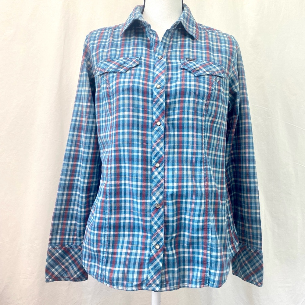 Columbia Blue Red Flannel Pearl Snap Front plaid Western Shirt Medium Gorpcore